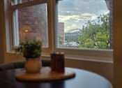 Thumbnail 11 of 15 - A table with a plant and candle on it in front of a window with a view of a bridge and trees.