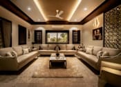 Thumbnail 9 of 9 - A well-lit, modern living room with a central coffee table and multiple seating options.