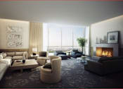 Thumbnail 8 of 9 - A modern living room with a fireplace and a view of the cityscape outside the window.