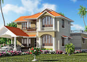 Thumbnail 7 of 7 - A two-story house with a red roof and a carport is surrounded by a garden with flowers and palm trees.