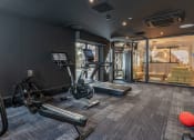 Thumbnail 10 of 15 - a gym with exercise machines and a glass sliding door