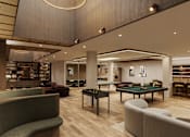 Thumbnail 21 of 26 - A modern living room with a pool table and comfortable seating.