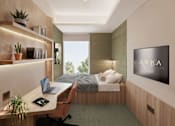 Thumbnail 19 of 26 - A modern bedroom with a desk and a flat screen TV mounted on the wall.