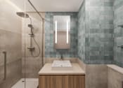 Thumbnail 17 of 26 - A modern bathroom with a wooden vanity and a walk-in shower.