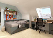 Thumbnail 31 of 33 - A bedroom with a bed, desk, and chair.