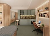 Thumbnail 6 of 26 - A modern bedroom with a desk and a bed.