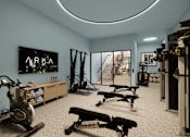 Thumbnail 9 of 26 - A gym with a row of treadmills and exercise equipment.