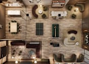 Thumbnail 3 of 26 - A modern interior design with a stone wall and a fireplace.