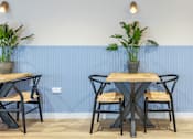 Thumbnail 23 of 35 - A dining table with chairs and potted plants on a blue striped wall.