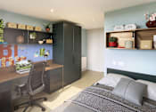 Thumbnail 12 of 35 - A bedroom with a bed, desk, and shelves.