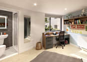 Thumbnail 16 of 35 - A bathroom with a white sink and a mirror, a desk with a chair, and a window with a view of trees.