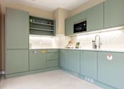 Thumbnail 65 of 65 - A kitchen with green cabinets and a white countertop.