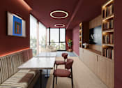 Thumbnail 15 of 26 - A modern dining room with a long table and chairs.