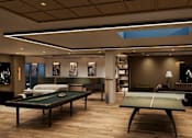 Thumbnail 14 of 26 - A billiard table is in the middle of a room with a pool table to the right.