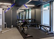 Thumbnail 31 of 51 - A gym with a variety of equipment including a rowing machine, a bench, and a weight rack.