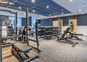Thumbnail 5 of 29 - A gym with a variety of equipment including weights and weight machines.