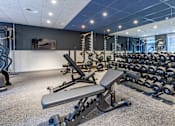Thumbnail 6 of 29 - A gym with a variety of equipment including dumbbells and weight plates.
