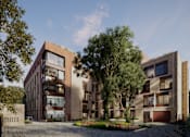 Thumbnail 26 of 26 - A modern apartment complex with a courtyard and trees.