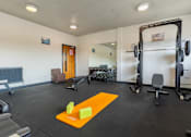 Thumbnail 9 of 30 - A gym with a weightlifting bar and weights.