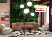 Thumbnail 4 of 21 - A living room with a green wall and a sign that says "Glow up in progress...".