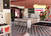 Thumbnail 1 of 21 - A room with a neon sign that says "Glow up in progress..." is shown.