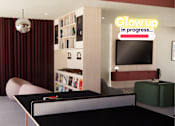 Thumbnail 2 of 21 - A ping pong table is in the middle of a room with a neon sign that says "Glow up in progress...".
