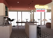 Thumbnail 3 of 21 - A room with a black and white checkered floor and a neon sign that says "Glow up in progress...".