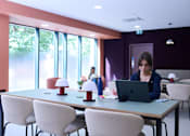 Thumbnail 4 of 49 - A woman is working on her laptop in a room with a table, chairs, and a window.