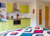 Thumbnail 46 of 50 - a kitchen with green cabinets and a colorful rug