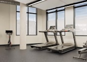 Thumbnail 33 of 34 - A gym with treadmills and a stationary bike.