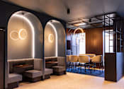 Thumbnail 7 of 23 - a rendering of a restaurant with arches and tables and chairs