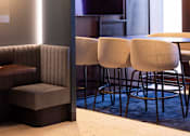 Thumbnail 2 of 23 - a dining room with tables and chairs and a tv