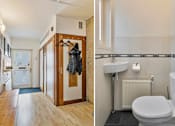 Thumbnail 4 of 7 - two views of a bathroom and a hallway with a toilet and a sink