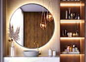 Thumbnail 6 of 6 - a bathroom with a round mirror and a sink and shelves