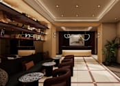 Thumbnail 20 of 37 - A modern lounge area with a long row of couches and a large artwork on the wall.