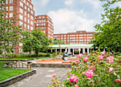 Thumbnail 3 of 24 - A garden with a fountain and roses in front of a red brick building.