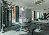 Thumbnail 24 of 27 - a gym with weights and other exercise equipment in a room with windows