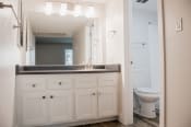 Thumbnail 17 of 17 - a bathroom with white cabinets and a black countertop