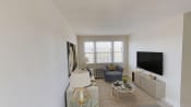 Thumbnail 3 of 16 - living area with sofa, coffee table, credenza, plush carpeting, and large windows at jetu apartments in washington dc