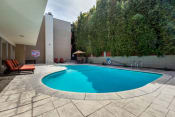 Thumbnail 29 of 40 - Apartments in Encino for Rent - White Oak Terrace - Exterior View Of COmmunity Pool Featuring Orange Lounge Chairs On Top Of Stone Deck With Large Lush Green Tree Privacy Wall