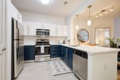 Thumbnail 2 of 39 - a kitchen with blue and white cabinets and stainless steel appliances