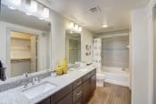 Thumbnail 21 of 38 - the preserve at ballantyne commons apartment bathroom with dual sinks and a shower