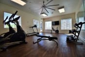 Thumbnail 22 of 26 - Fitness Room, Treadmills, Weights and bench,  large ceiling fan, 2 ellipticals, TV, wood plank floor, 3 windows