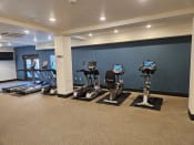 Thumbnail 17 of 31 - a gym with cardio equipment in a large room with a blue wall