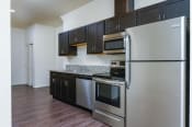 Thumbnail 11 of 18 - Kitchen with dark cabinetry and stainless steel refrigerator, stove/oven, microwave and dishwasher.