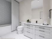 Thumbnail 5 of 10 - a white bathroom with a white sink and toilet and a shower
