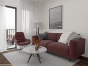 Thumbnail 1 of 10 - a living room with a red couch and a coffee table