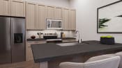 Thumbnail 2 of 14 - a kitchen with a granite counter top and a stainless steel refrigerator  at Alta25, Monument