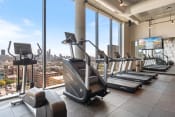 Thumbnail 19 of 36 - a gym with cardio machines and a view of the city