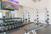 Thumbnail 18 of 36 - a view of the fitness center with cardio equipment and a large screen tv